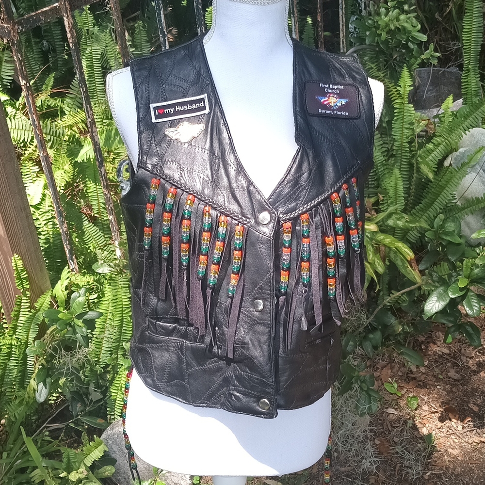 Christian biker black leather vest S/M